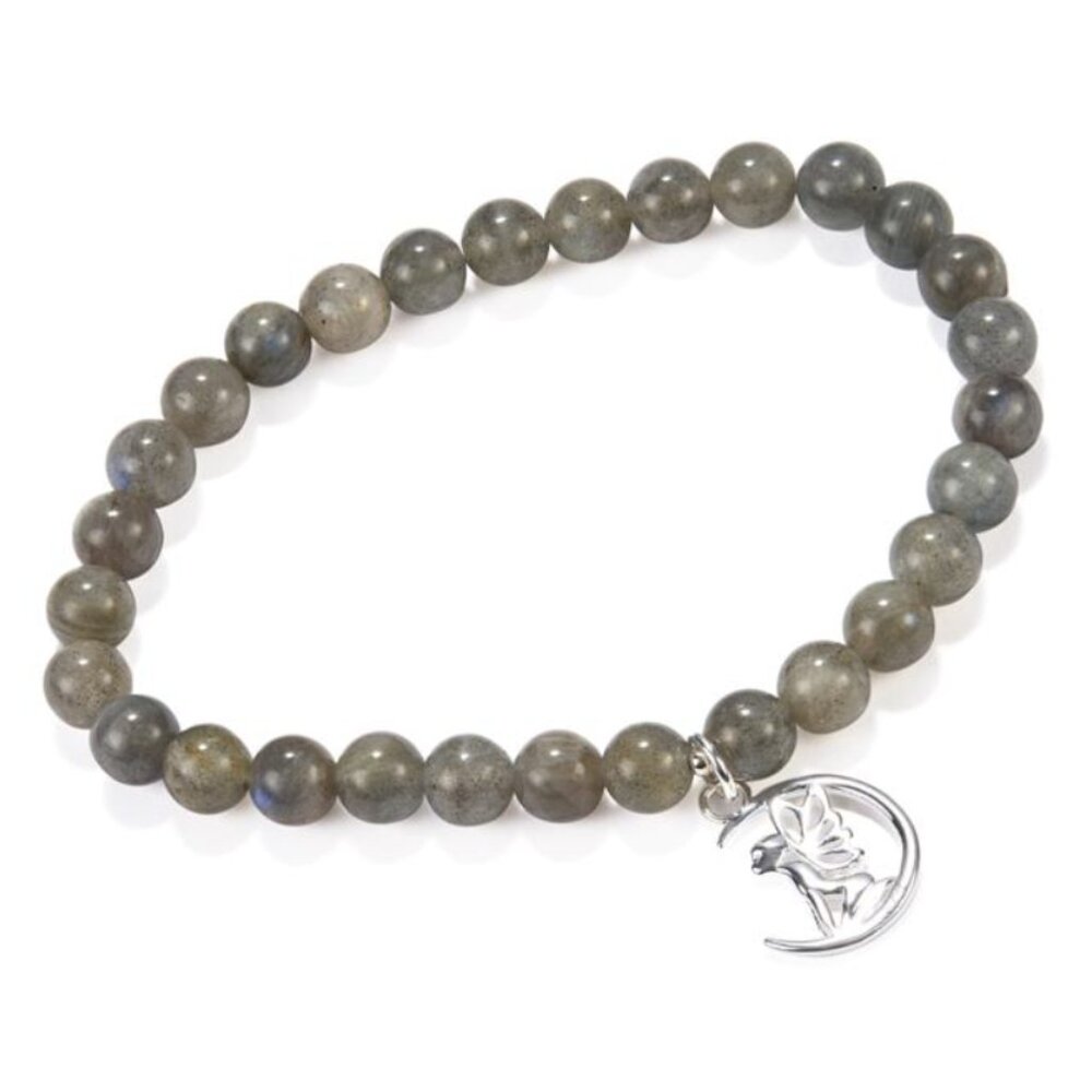 58.3CT LABRADORITE STRETCHABLE BRACELET SS FAIRY ACORN BUTTERFLY MUSHROOM CHARM